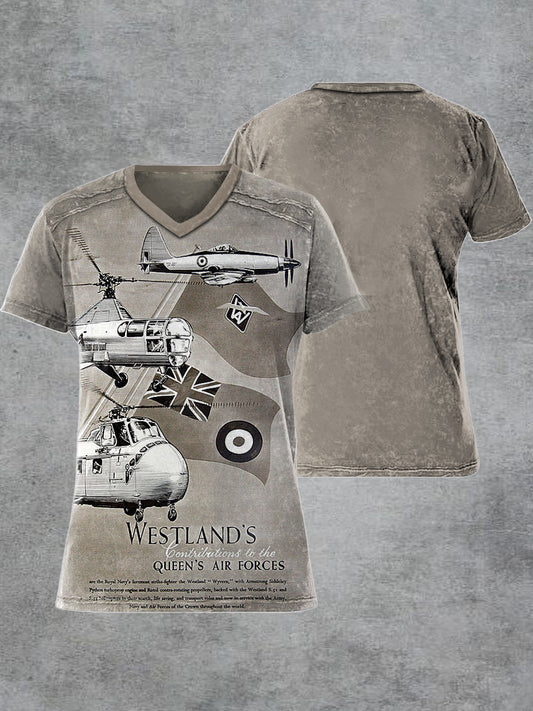 Men's Retro British Fighter Jet Printed V-neck Short-Sleeved T-shirt