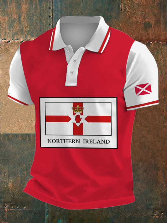 Men's Northern Ireland Print Polo Neck Plunger Short Sleeve T-Shirt