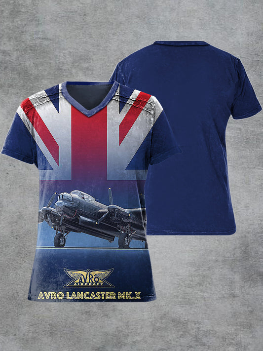 Men's Retro British Fighter Jet Printed V-neck Short-Sleeved T-shirt