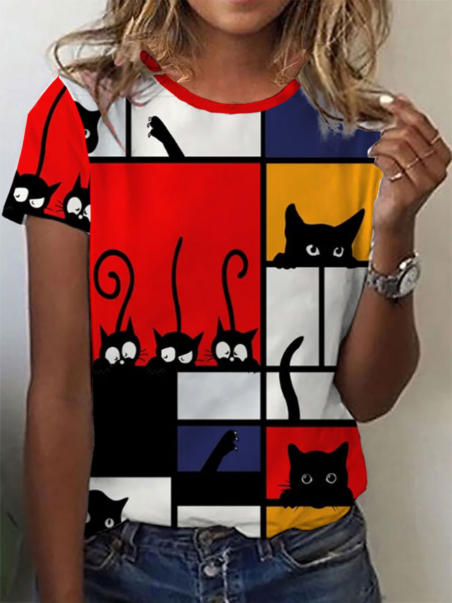 Women's Cat Line Art Print T-Shirt