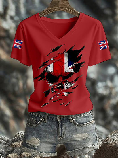 Women's UK Flag Skull Print Casual V-Neck Tee