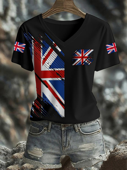 Women's UK Flag Print Casual V-Neck Tee