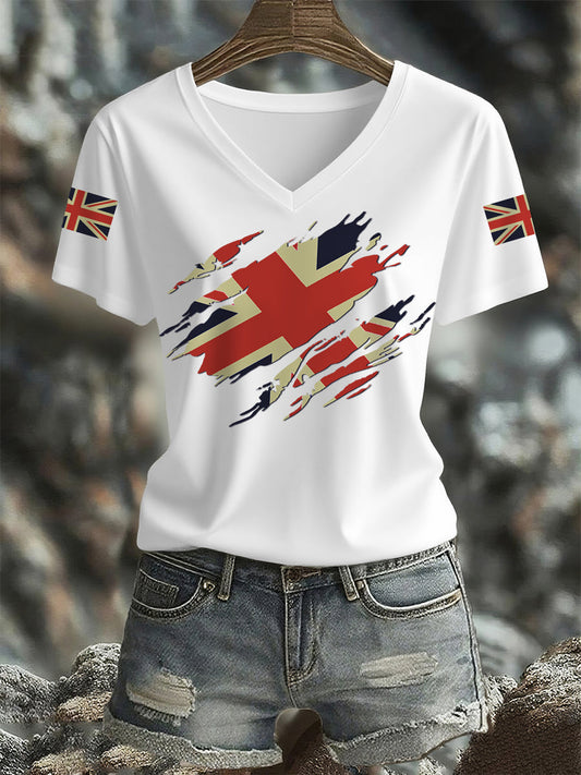 Women's UK Flag Print Casual V-Neck Tee