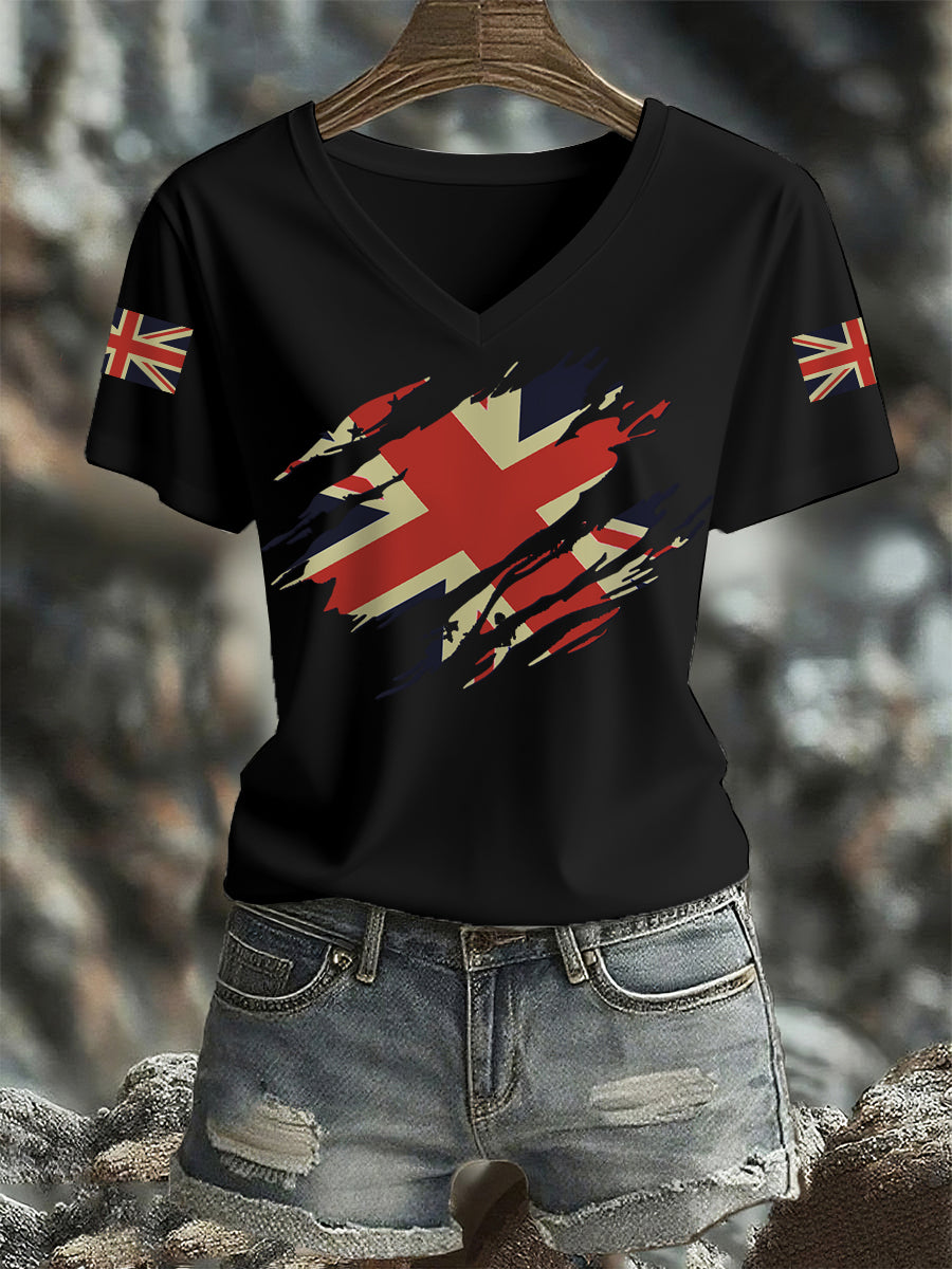Women's UK Flag Print Casual V-Neck Tee