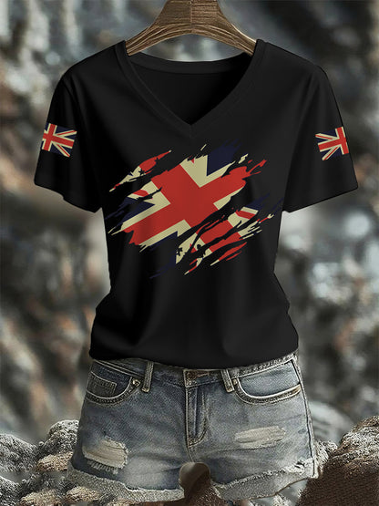 Women's UK Flag Print Casual V-Neck Tee