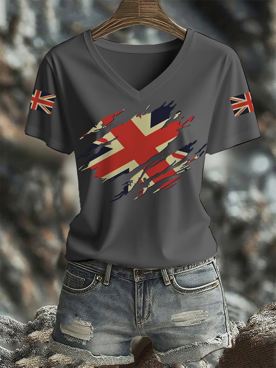 Women's UK Flag Print Casual V-Neck Tee