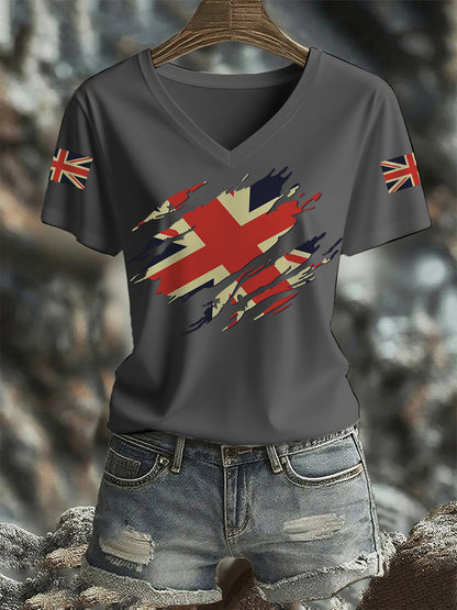 Women's UK Flag Print Casual V-Neck Tee