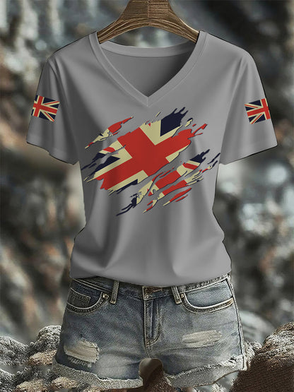Women's UK Flag Print Casual V-Neck Tee