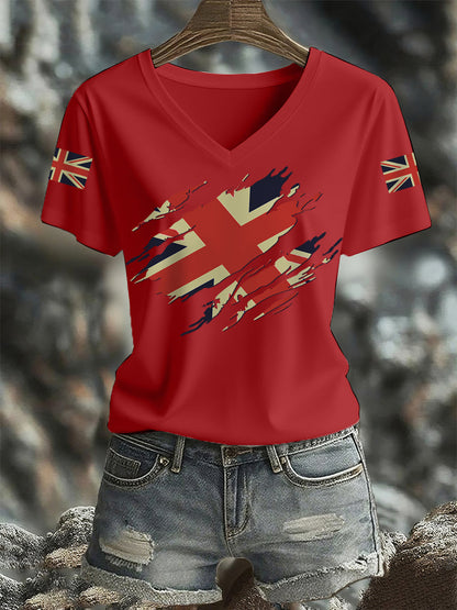 Women's UK Flag Print Casual V-Neck Tee
