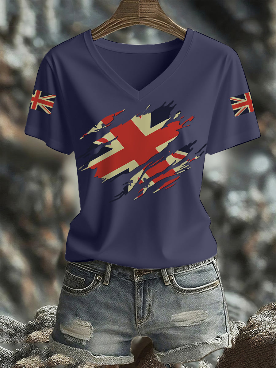 Women's UK Flag Print Casual V-Neck Tee