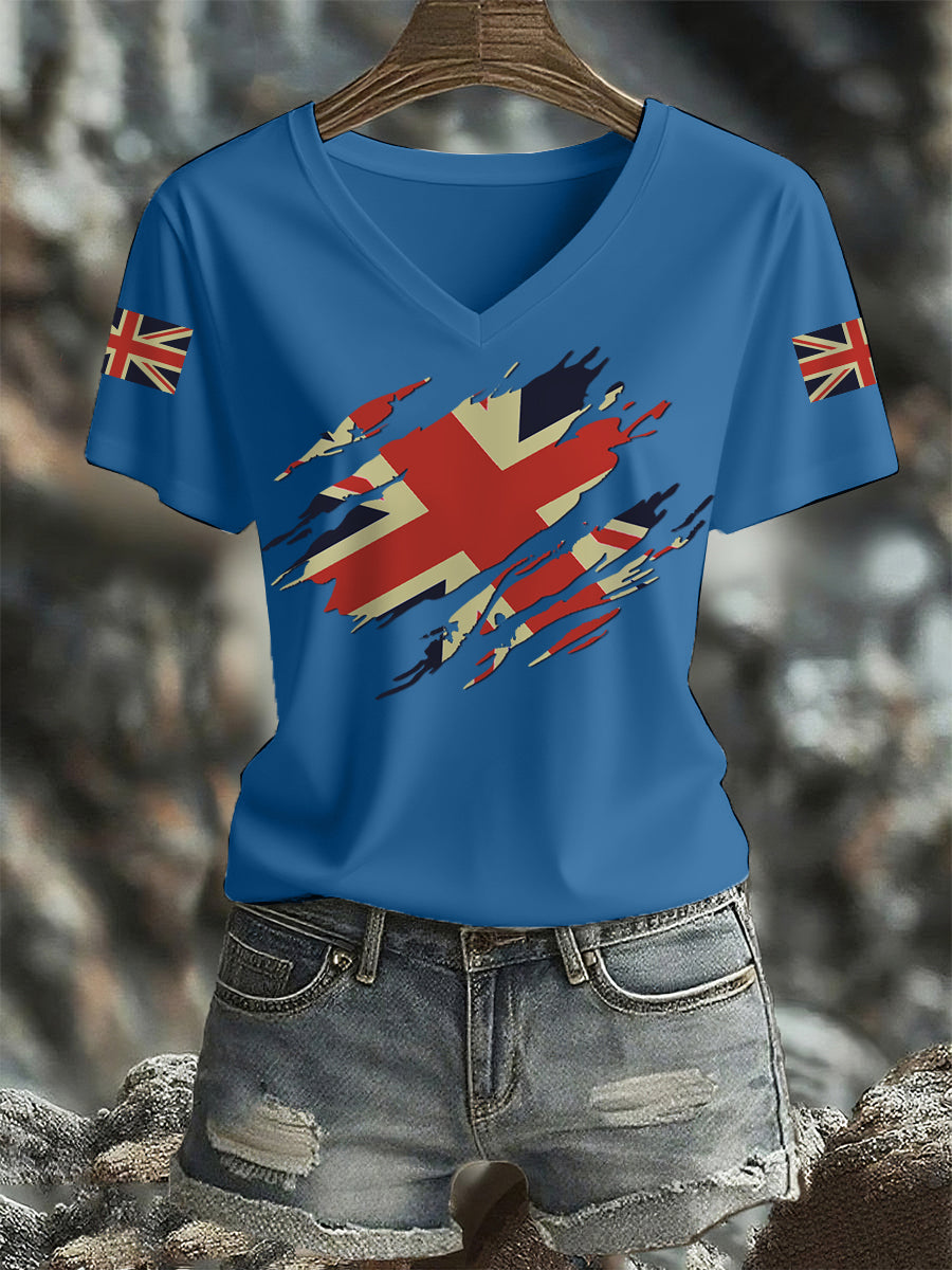 Women's UK Flag Print Casual V-Neck Tee