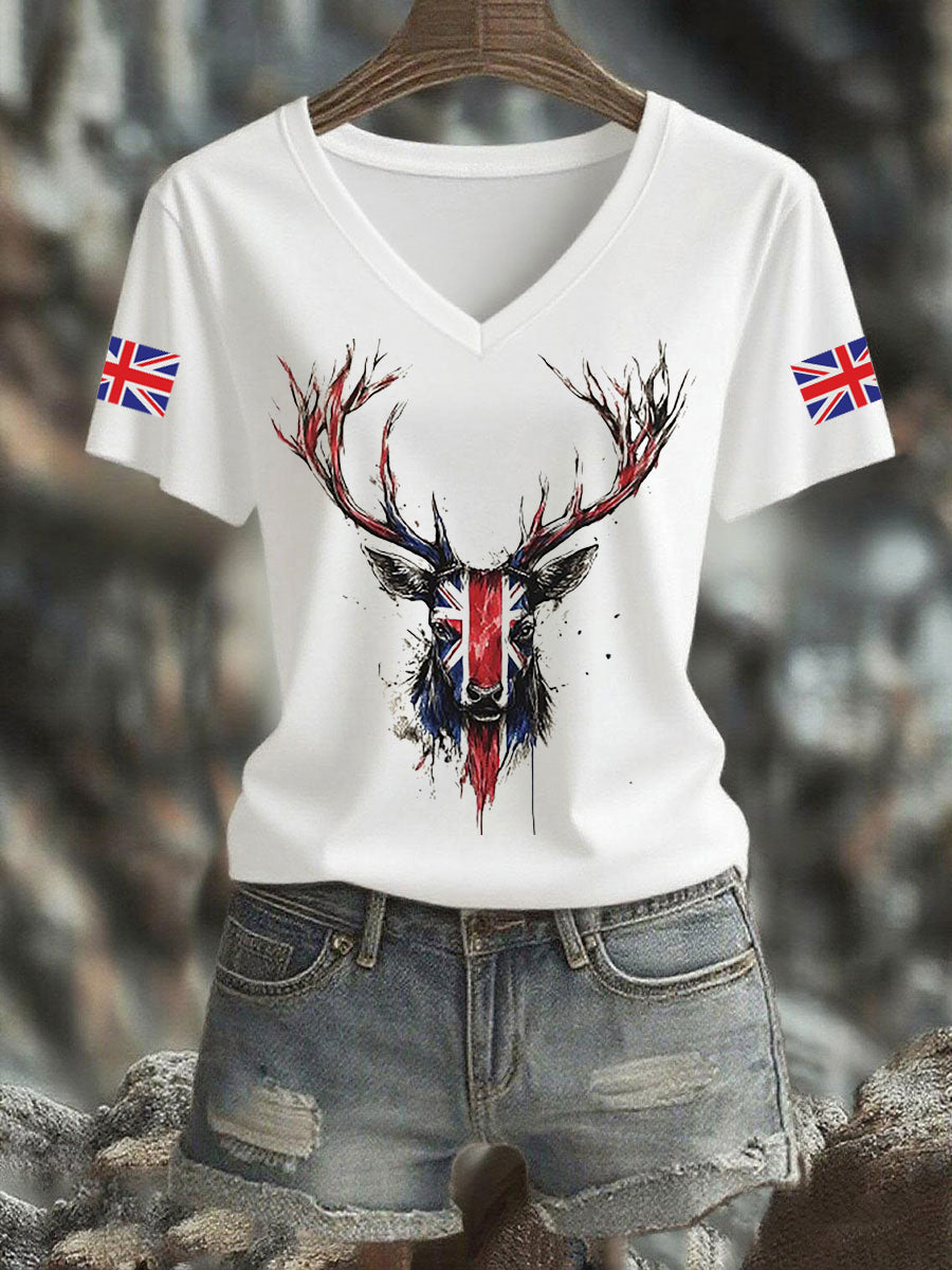 Women's Vintage England Flag Casual Printed V-neck T-Shirt