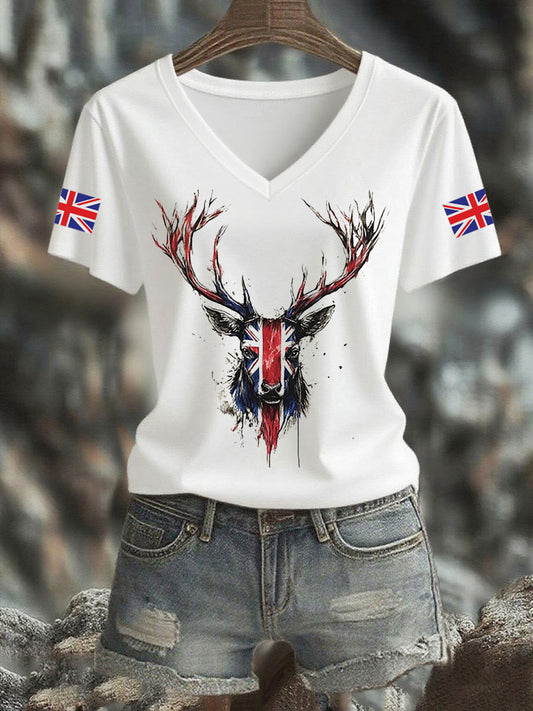 Women's Vintage England Flag Casual Printed V-neck T-Shirt