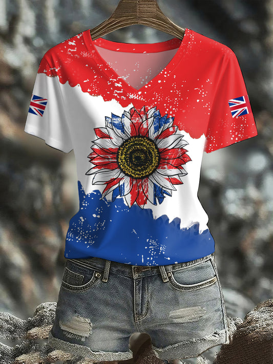 Women's UK Flag Art Floral Printed T-shirt