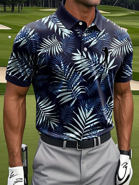 Men's Hawaiian Palm Leaf Art Print Casual Business Polo Shirt