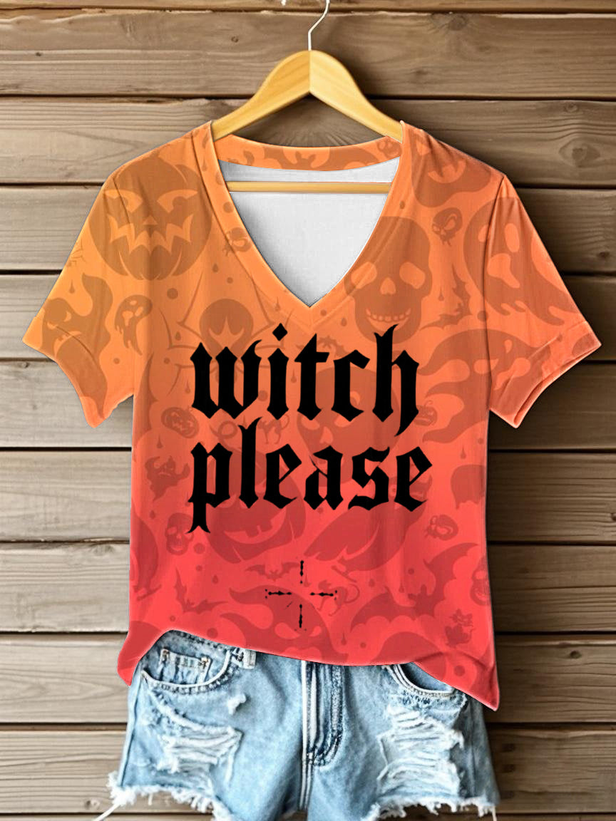 Women's Witch Please Halloween  Printed V-neck T-shirt