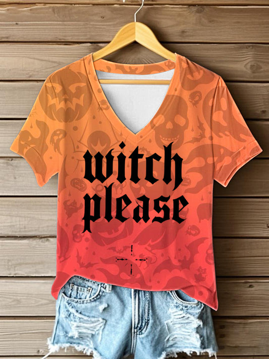 Women's Witch Please Halloween  Printed V-neck T-shirt