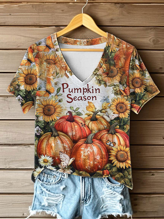 Women's Halloween Pumpkin Printed V-neck T-shirt