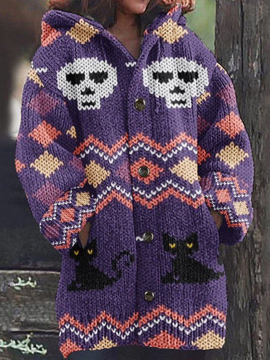 Women's Halloween Spooky Cat Embroidery Knitted Cardigan Sweater