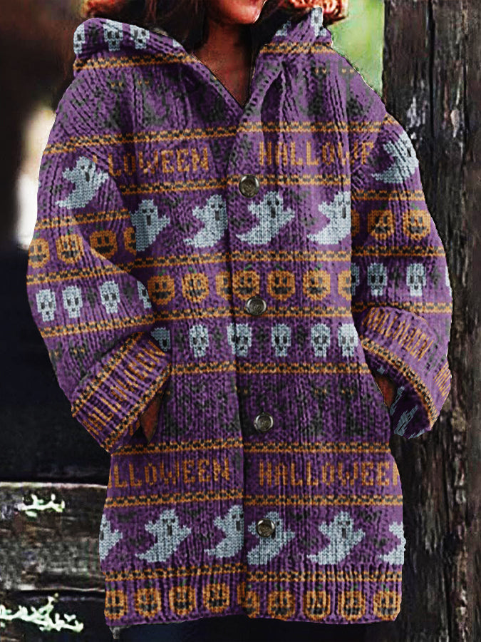 Women's Halloween Spooky Cat Embroidery Knitted Cardigan Sweater