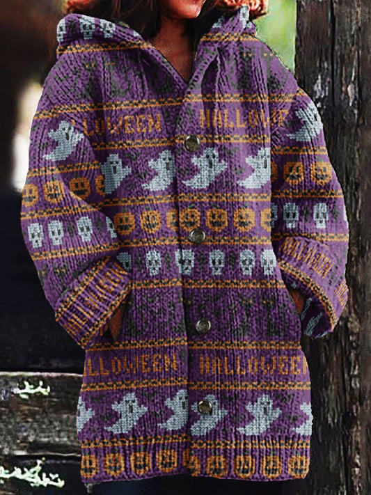 Women's Halloween Spooky Cat Embroidery Knitted Cardigan Sweater