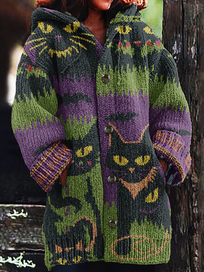 Women's Halloween Spooky Cat Embroidery Knitted Cardigan Sweater