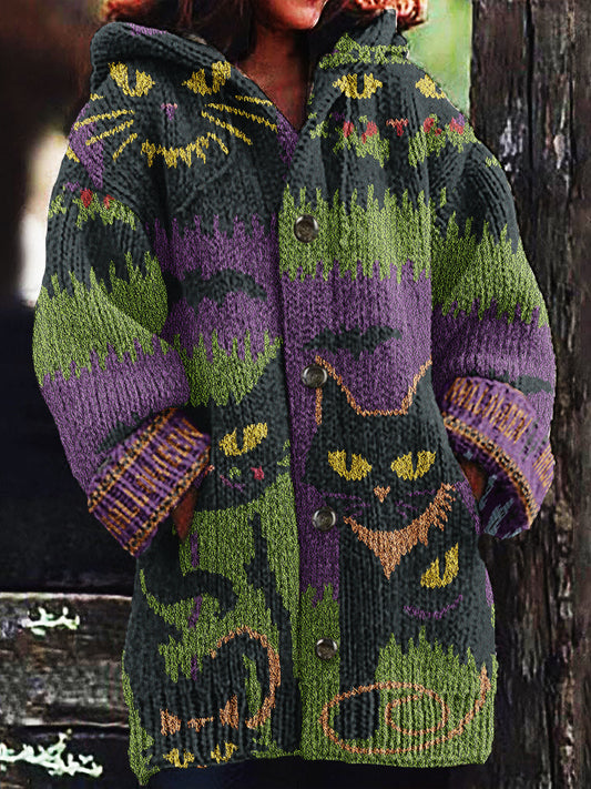 Women's Halloween Spooky Cat Embroidery Knitted Cardigan Sweater