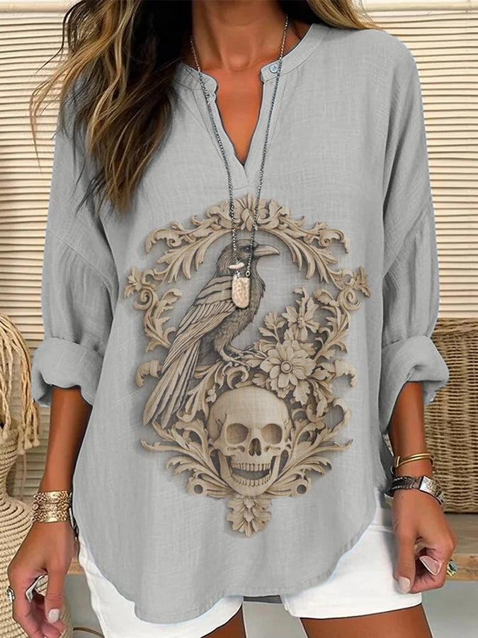 Women's Halloween 3D Gothic Crow Casual Long Sleeve Shirt