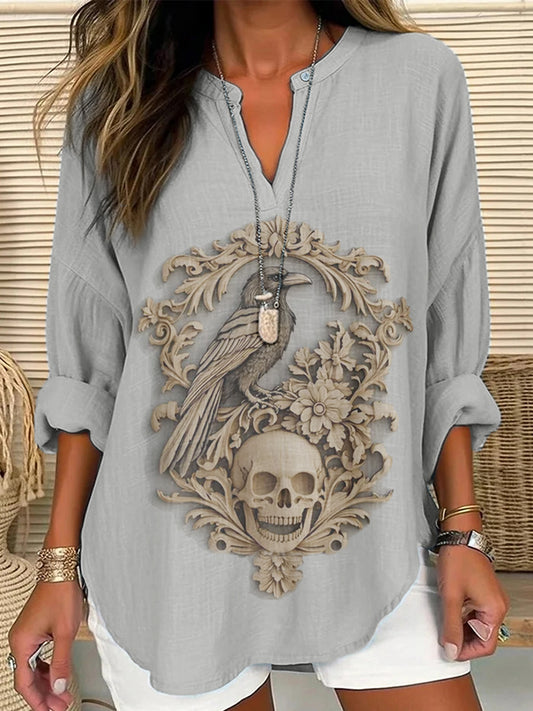 Women's Halloween 3D Gothic Crow Casual Long Sleeve Shirt