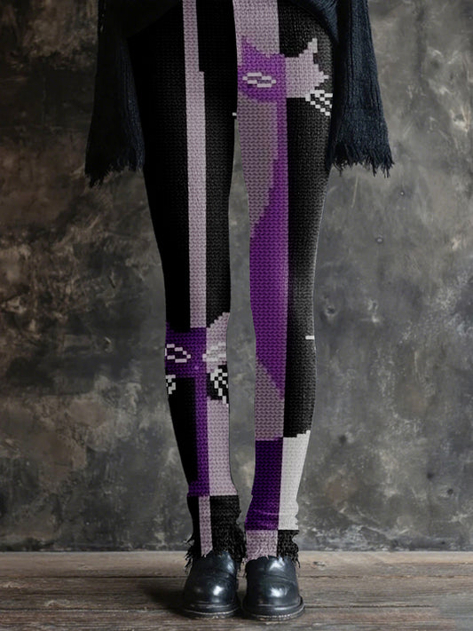 Women's Halloween Spooky Cat Embroidered Knit Leggings