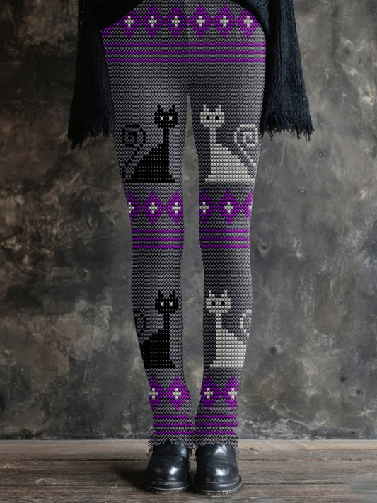 Women's Halloween Spooky Cat Embroidered Knit Leggings