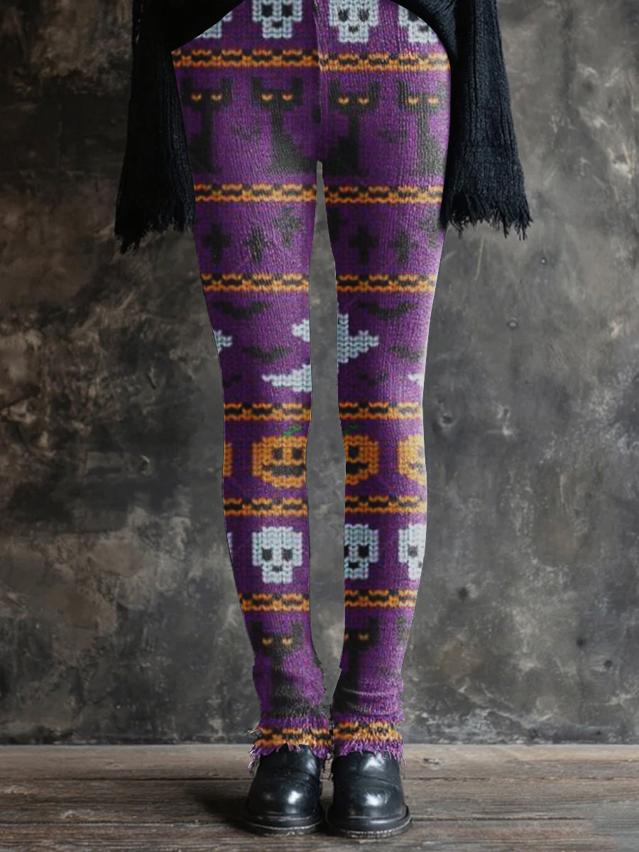 Women's Halloween Spooky Cat Embroidered Knit Leggings