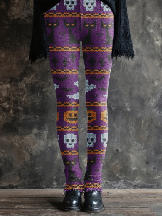 Women's Halloween Spooky Cat Embroidered Knit Leggings