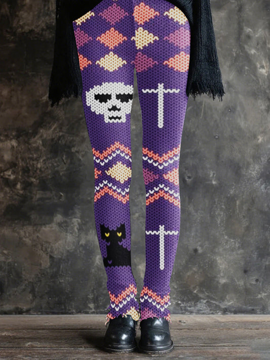 Women's Halloween Spooky Cat Embroidered Knit Leggings