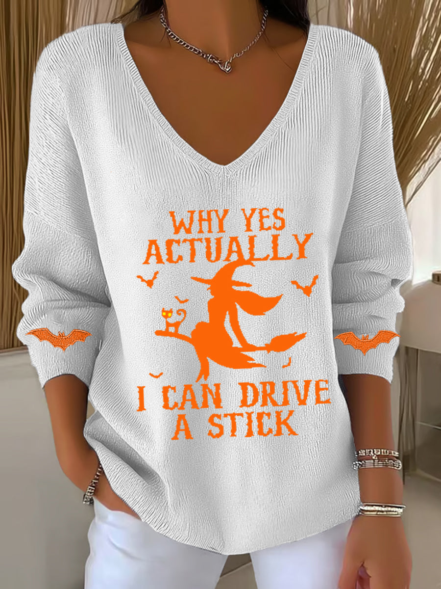 Women's Halloween Why Yes Actually I Can drive A Stick Casual V-Neck Ribbed Top
