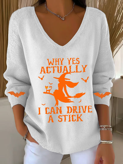 Women's Halloween Why Yes Actually I Can drive A Stick Casual V-Neck Ribbed Top