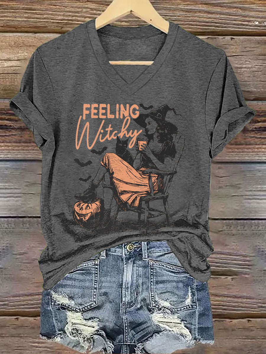 Women's Halloween Feeling Witchy Printed V-neck T-shirt