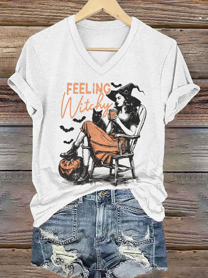 Women's Halloween Feeling Witchy Printed V-neck T-shirt