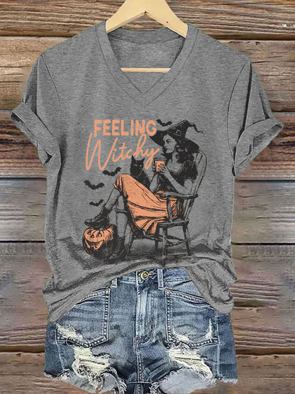 Women's Halloween Feeling Witchy Printed V-neck T-shirt