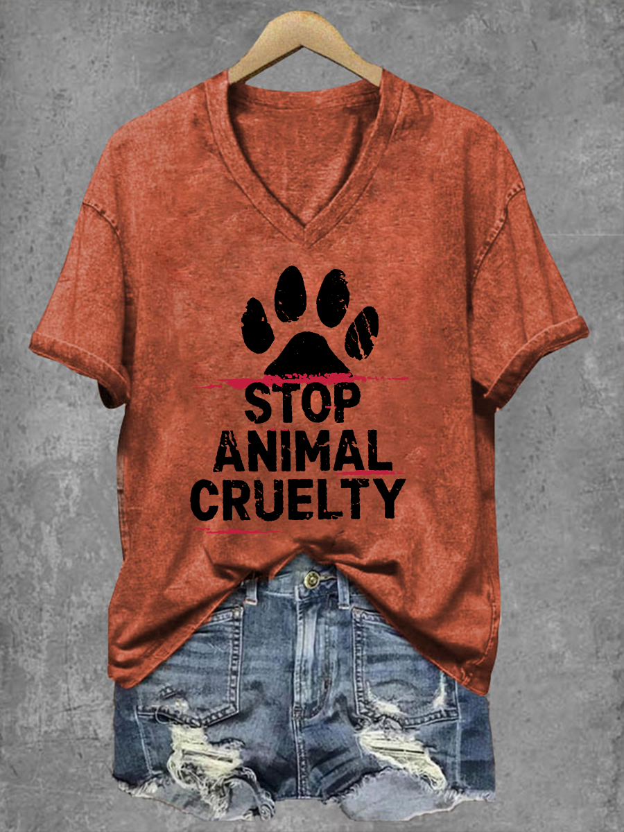 Women's Stop Animal Cruelty Print V-Neck T-Shirt