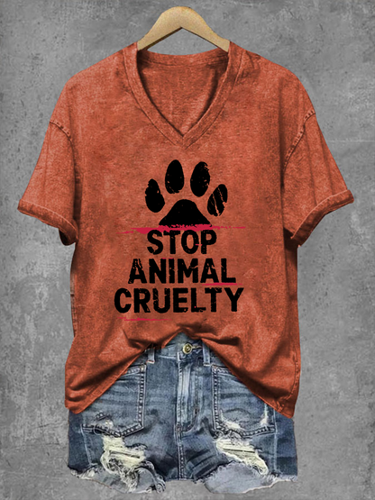 Women's Stop Animal Cruelty Print V-Neck T-Shirt