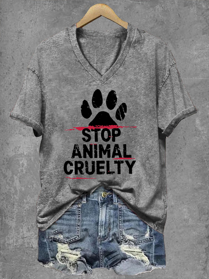 Women's Stop Animal Cruelty Print V-Neck T-Shirt