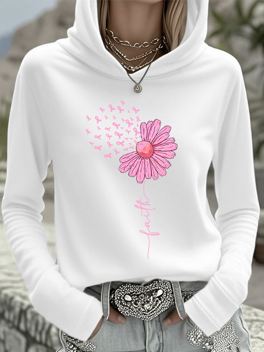 Women's Pink Ribbon Sunflower Faith Breast Cancer Awareness Support Hooded Top
