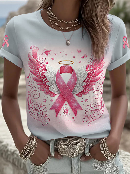 Women's Breast Cancer Printed Vintage Fashion Loose Short Sleeve T-Shirt