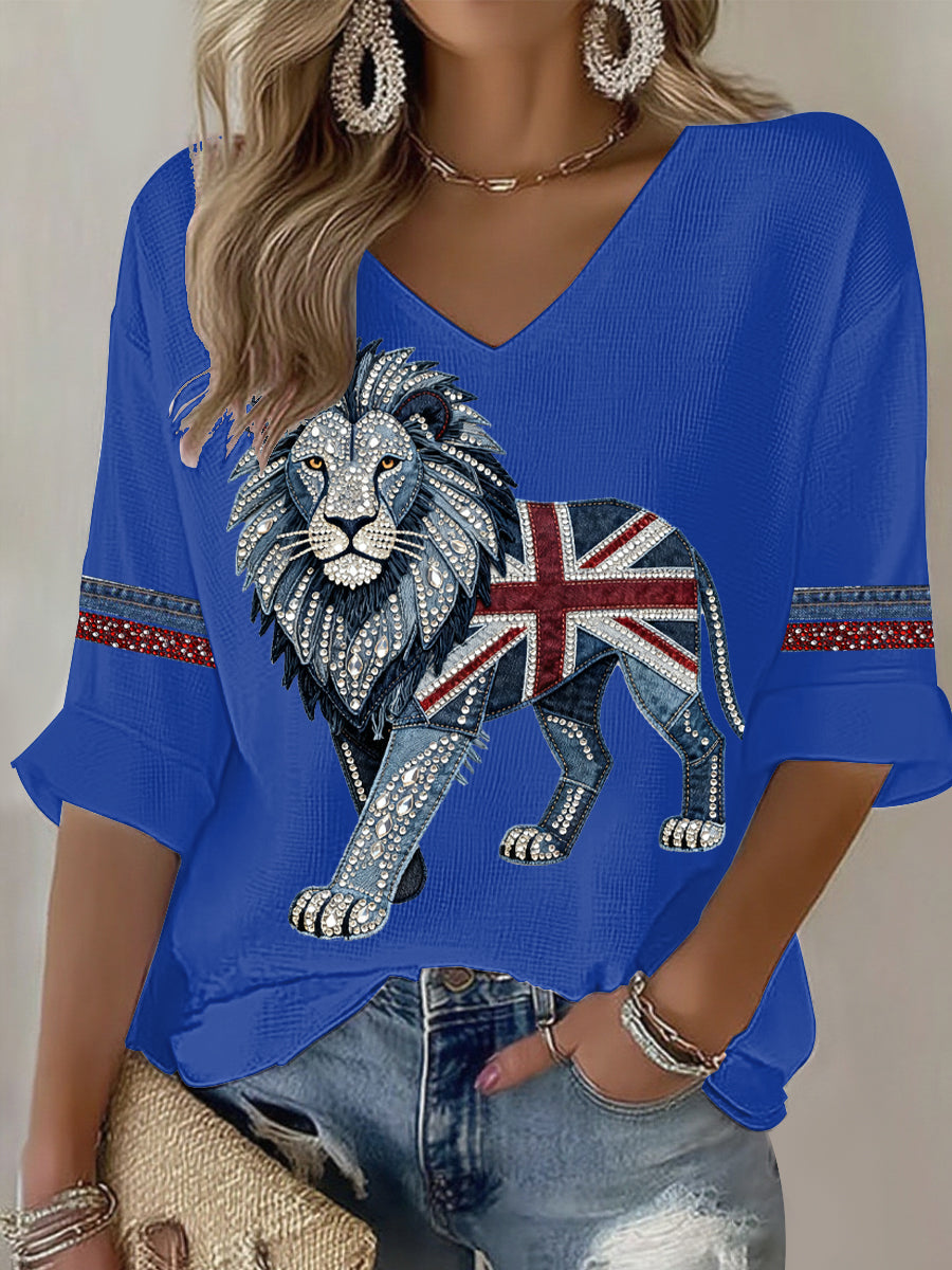 Women's British style imitation denim rhinestone hot-drill Printed Casual T-shirt