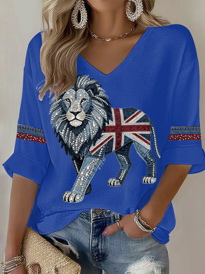 Women's British style imitation denim rhinestone hot-drill Printed Casual T-shirt