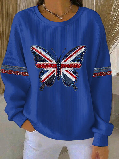 Women's British style imitation denim rhinestone hot-drill Print Casual Sweatshirt