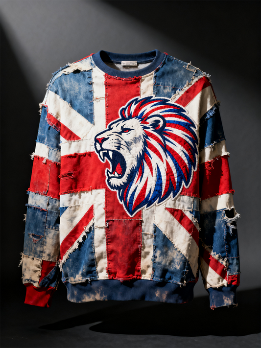 Men's  British lion combined with retro old style Printed Crew Neck Sweatshirt