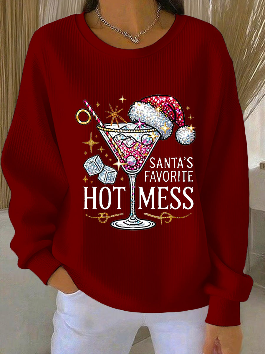 Women's Santa's Favorite Hot Mess Print Casual  Ribbed Round-Neck Sweatshirt