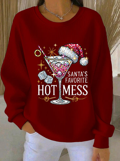 Women's Santa's Favorite Hot Mess Print Casual  Ribbed Round-Neck Sweatshirt